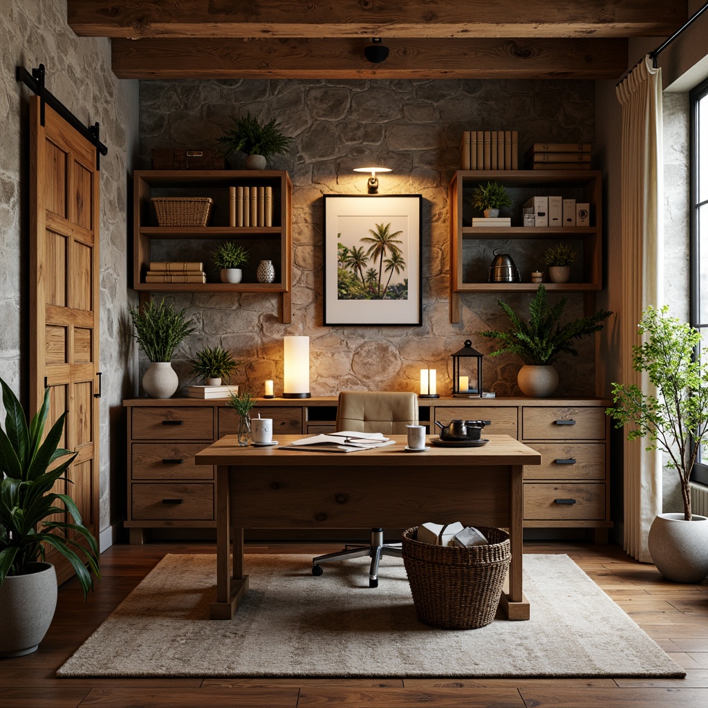 Prompt: Rustic home office, wooden desk, vintage chair, woven basket, natural stone walls, reclaimed wood flooring, earthy color palette, cozy atmosphere, warm lighting, candles, lanterns, potted plants, distressed finishes, metal accents, industrial shelving, leather-bound books, antique decorative items, nature-inspired artwork, wooden cabinetry, sliding barn doors, 3/4 composition, shallow depth of field, soft warm lighting.