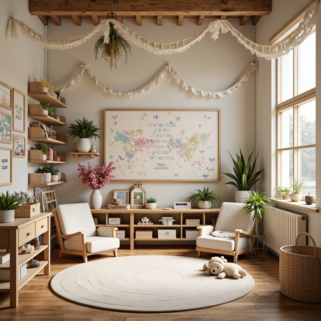 Prompt: Whimsical kindergarten classroom, soft pastel colors, distressed wood accents, vintage-inspired decorations, floral patterns, lace trimmings, rustic wooden shelves, woven baskets, fabric-covered walls, gentle natural light, warm beige tones, decorative butterflies, colorful artwork displays, inspirational quotes, playful polka dots, sweet feminine touches, cozy reading nooks, plush area rugs, soft focus photography, shallow depth of field, 1/1 composition, dreamy atmosphere, realistic textures.