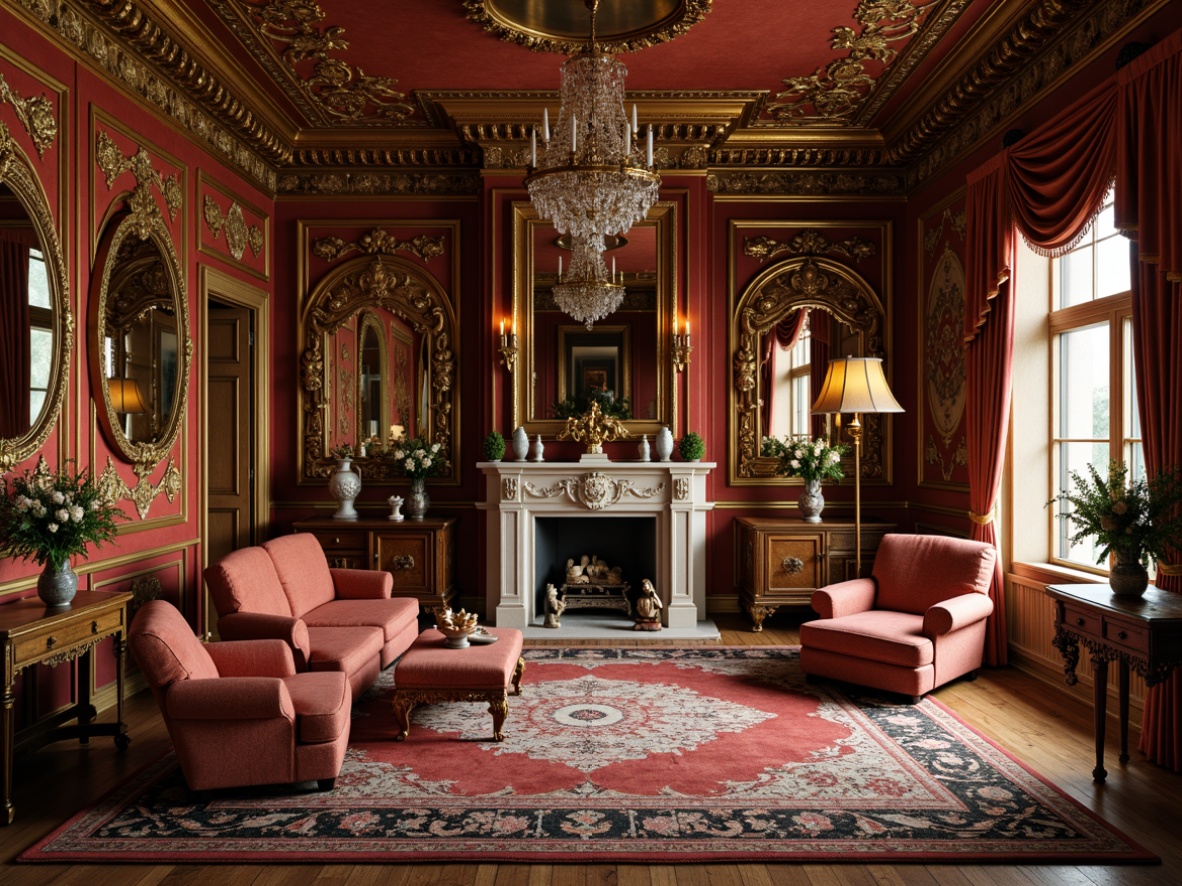 Prompt: Ornate baroque living room, lavish velvet upholstery, gilded wooden furniture, intricately carved mirrors, crystal chandeliers, richly patterned rugs, majestic throne-like chairs, ornamental console tables, decorative vases, antique artifacts, warm golden lighting, shallow depth of field, 1/2 composition, realistic textures, ambient occlusion.