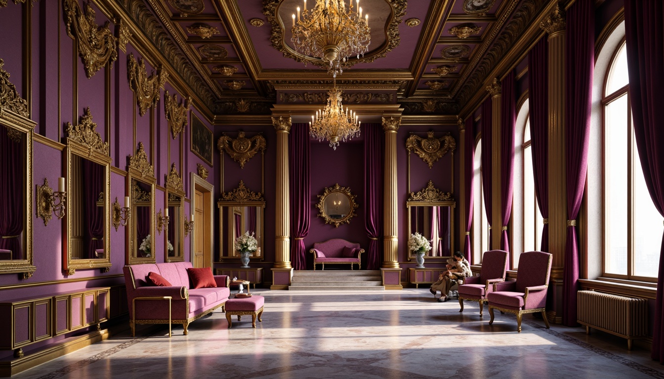 Prompt: Opulent throne room, rich velvet drapes, gilded moldings, ornate frescoes, intricate marble flooring, lavish chandeliers, grandiose mirrors, luxurious furnishings, golden accents, regal purple hues, soft warm lighting, dramatic shadows, 1/1 composition, realistic textures, ambient occlusion.