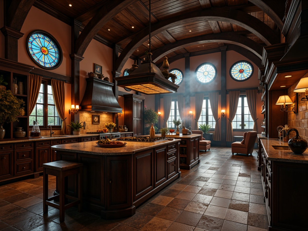 Prompt: Dark mysterious kitchen, high ceilings, ornate wooden cabinetry, grandiose island counters, richly toned stone floors, dramatic archways, stained glass windows, eerie ambient lighting, warm candlelight, dimmable pendant lamps, rustic metal fixtures, luxurious velvet drapes, mystical foggy atmosphere, cinematic shallow depth of field, 2/3 composition, warm golden hour, subtle rim lighting, mysterious shadows.