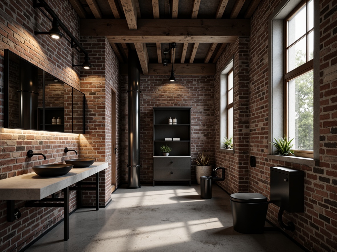 Prompt: Exposed brick walls, industrial chic, distressed concrete floors, metallic accents, reclaimed wood ceilings, urban loft atmosphere, moody lighting, shadowy corners, bold color schemes, edgy textures, powder room essentials, modern fixtures, sleek countertops, minimalist decor, functional layout, industrial-style pipes, raw metal beams, poured concrete sink basins, matte black faucets, monochromatic color palette, dramatic shadows, high-contrast composition.