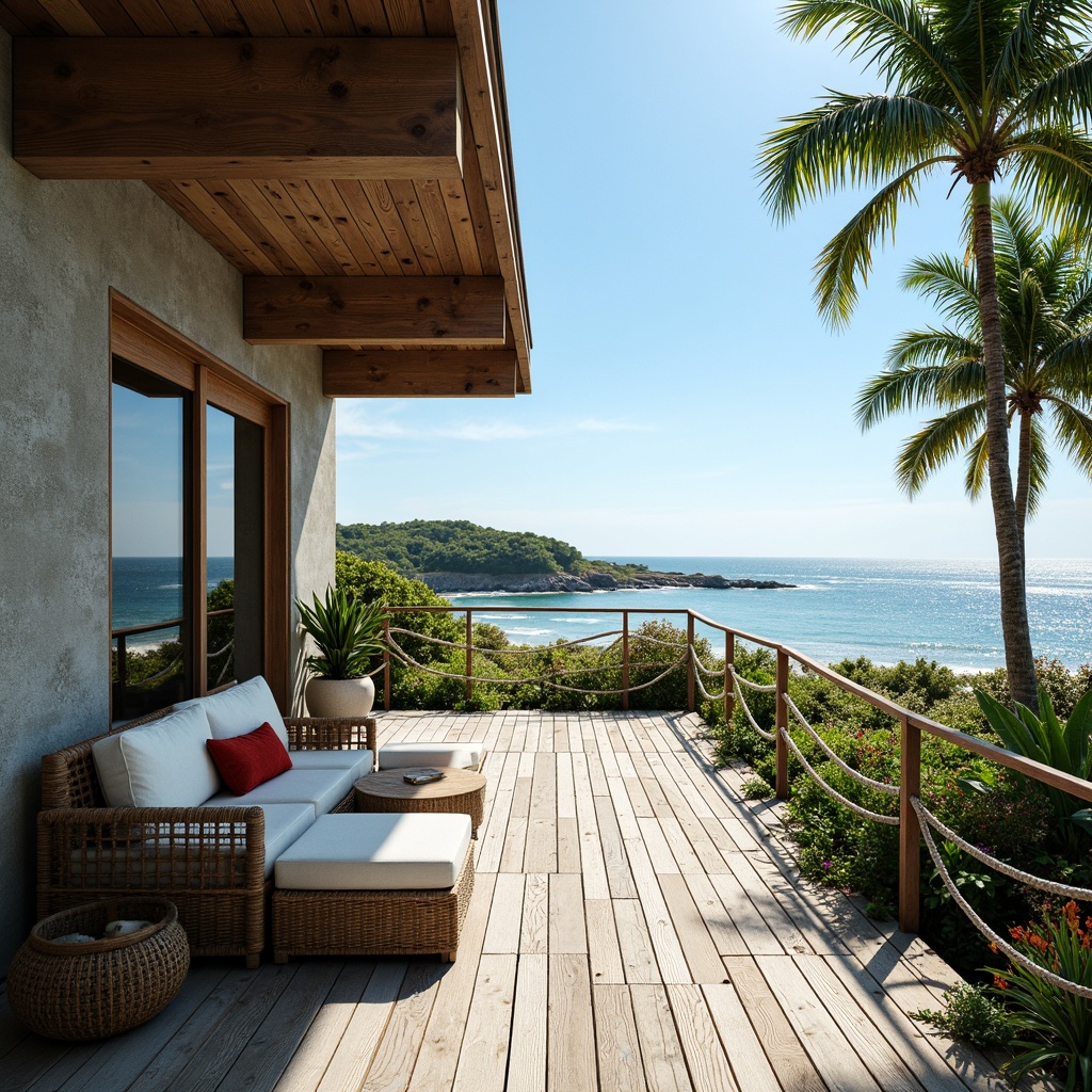 Prompt: Seaside coastal home, expansive outdoor deck, weathered wooden planks, nautical rope railings, comfortable wicker furniture, plush cushions, tropical palm trees, vibrant beach flowers, salty sea air, warm sunlight, soft ocean breeze, gentle waves, panoramic ocean views, 3/4 composition, shallow depth of field, realistic textures, ambient occlusion.