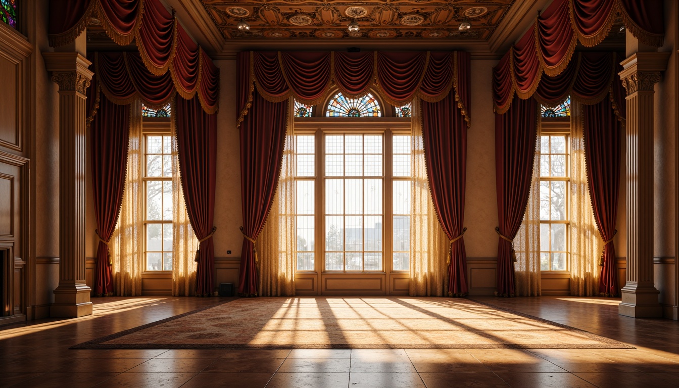 Prompt: Opulent velvet drapes, intricately patterned lace curtains, ornate wooden cornices, luxurious silk fabrics, richly colored tassels, heavily embroidered valances, stately floor-to-ceiling windows, grandiose arched windows, delicate stained glass details, warm golden lighting, soft diffused sunlight, subtle shadows, 1/1 composition, realistic textures, ambient occlusion.