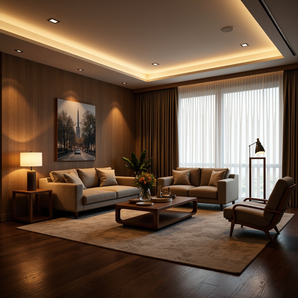 Prompt: Modern living room, luxurious furniture, soft warm glow, table lamps, floor lamps, pendant lights, LED strip lighting, recessed ceiling lights, dimmable bulbs, cozy atmosphere, relaxing ambiance, natural daylight, sheer curtains, velvet drapes, wooden flooring, minimalist decor, 1/1 composition, shallow depth of field, realistic textures.