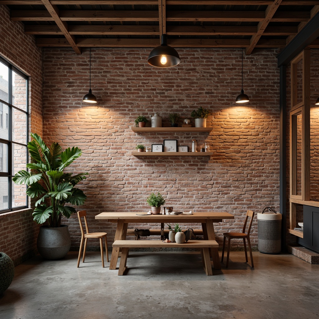 Prompt: Exposed brick walls, industrial-style lighting fixtures, metal shades, Edison bulbs, distressed wood accents, reclaimed lumber, urban loft atmosphere, modern industrial design, minimalist decor, functional simplicity, pendant lamps, concrete floors, steel beams, rustic textures, warm color tones, cozy ambiance, softbox lighting, 1/2 composition, realistic reflections.