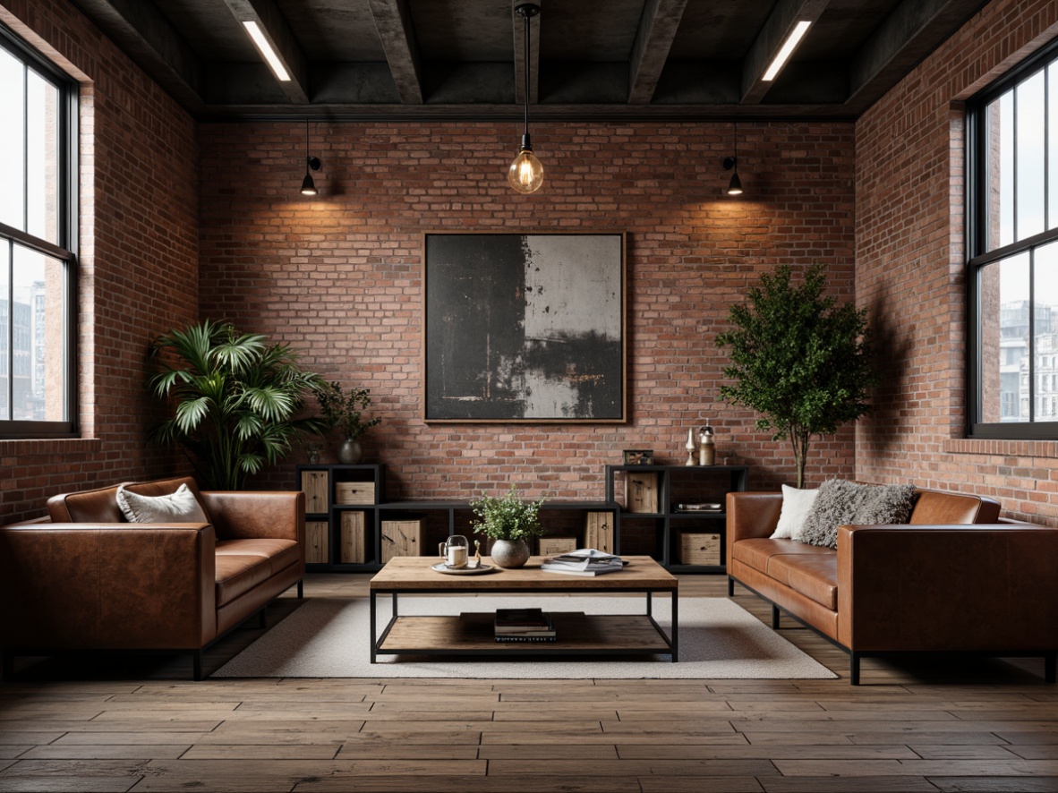 Prompt: Exposed brick walls, industrial metal beams, reclaimed wood floors, vintage factory windows, distressed leather sofas, metal coffee tables, reclaimed wood shelves, Edison bulb lighting, minimalist decor, urban loft atmosphere, raw concrete accents, black steel frames, functional storage units, eclectic art pieces, weathered wooden crates, moody color palette, atmospheric shadows, dramatic high ceilings, 3/4 composition, realistic textures, ambient occlusion.