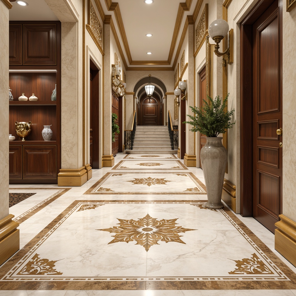 Prompt: Polished marble floors, intricate inlays, ornate patterns, classic Greek motifs, creamy white hues, warm beige tones, rich walnut wood, glossy finishes, ornamental borders, floral designs, subtle texture contrasts, sophisticated ambiance, elegant entranceways, stately staircases, refined architectural details, soft warm lighting, 1/1 composition, realistic reflections, ambient occlusion.