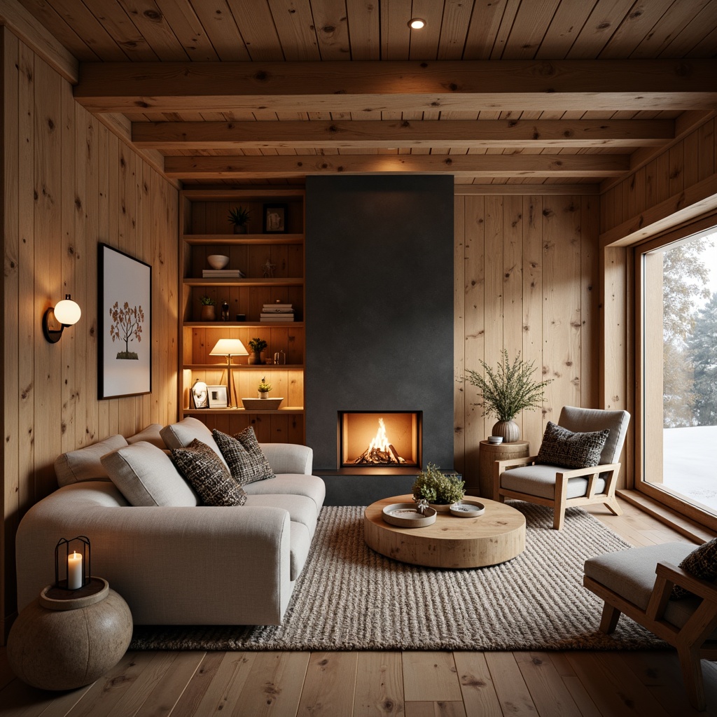 Prompt: Cozy Scandinavian cabin, natural wood accents, warm lighting, rustic wooden beams, textured wooden panels, minimal ornamentation, functional simplicity, earthy color palette, organic shapes, Nordic-inspired furniture, plush woven textiles, nature-inspired patterns, warm candlelight, shallow depth of field, 1/2 composition, soft focus, realistic wood grain textures.