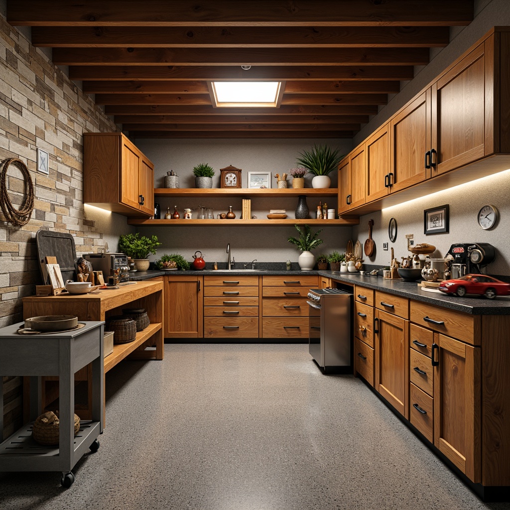 Prompt: Cozy family garage interior, warm wooden cabinets, metallic toolboxes, organized storage bins, labeled shelving units, epoxy resin flooring, bright LED lighting, rustic metal decor, distressed wood accents, natural stone walls, earthy color palette, 3/4 composition, shallow depth of field, realistic textures, ambient occlusion.