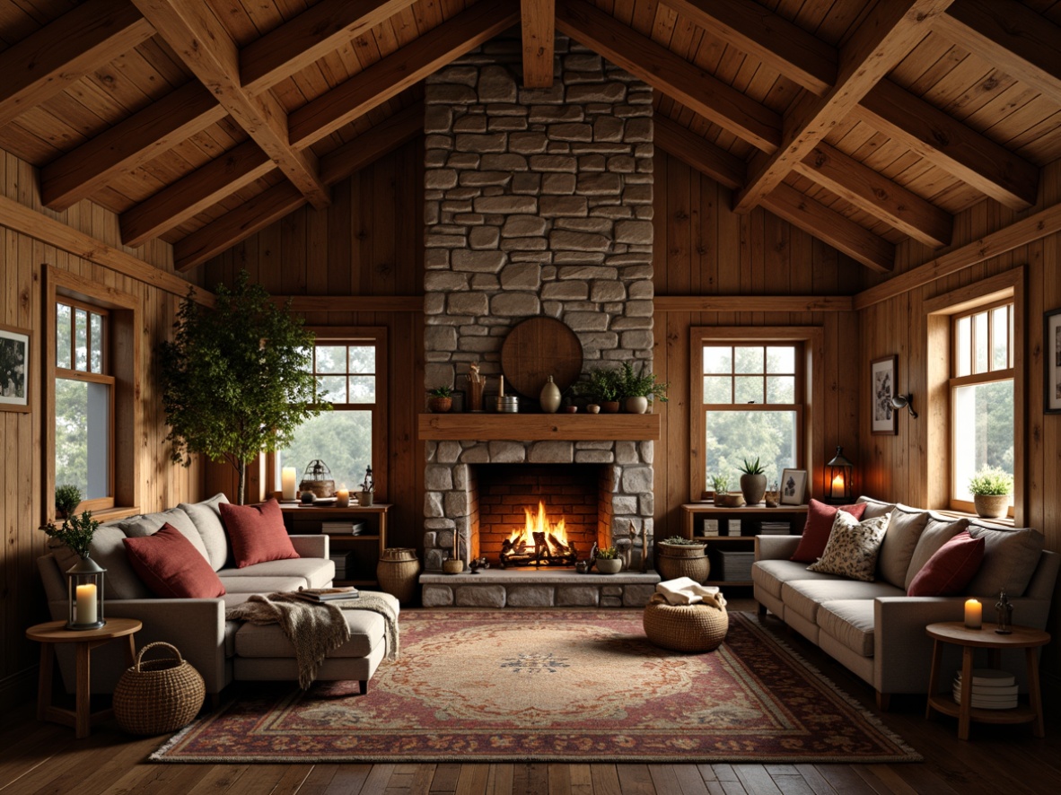 Prompt: Rustic cabin, wooden beams, stone fireplace, warm candlelight, vintage metal lanterns, distressed wood accents, earthy color palette, cozy throw blankets, plush area rugs, natural textiles, woven baskets, antique furniture pieces, soft warm lighting, shallow depth of field, 1/1 composition, realistic textures, ambient occlusion.Please let me know if this meets your expectations!