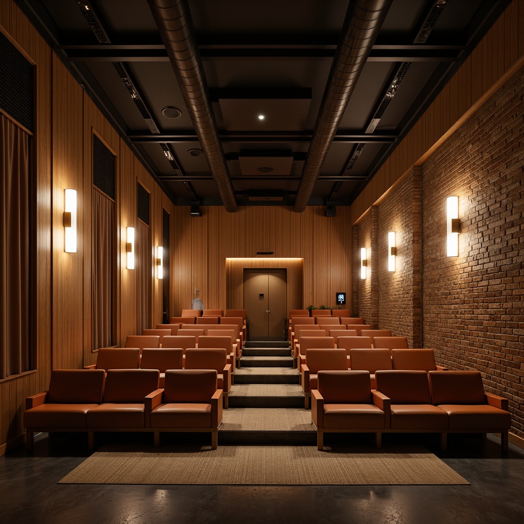 Prompt: Minimalist theater interior, Nordic aesthetic, soft warm lighting, wooden accents, natural textiles, subtle color palette, cozy atmosphere, intimate seating areas, industrial-chic decor, metal beams, exposed brick walls, dimmable floor lamps, pendant light fixtures, warm white LED lights, ambient occlusion, cinematic mood, shallow depth of field, 3/4 composition, realistic textures.