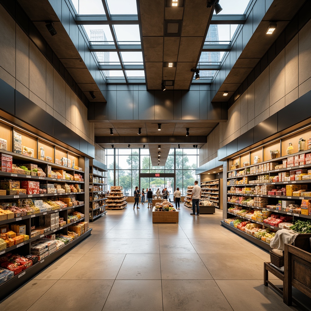 Prompt: Streamlined modern grocery store, high ceilings, polished concrete floors, minimalist shelving units, industrial-chic lighting fixtures, suspended metal racks, abundant natural light, clerestory windows, soft warm LED lighting, accent spotlights, ambient floor lamps, warm beige color scheme, sleek metallic accents, geometric patterns, 1/1 composition, shallow depth of field, realistic textures, subtle shadows.