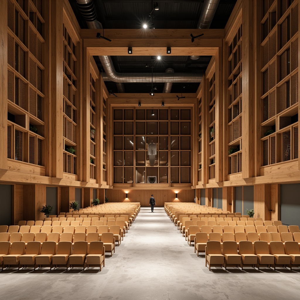 Prompt: Geometric auditorium, minimalist Bauhaus style, sound-absorbing acoustic panels, hexagonal patterns, wooden finishes, industrial aesthetic, concrete floors, exposed ductwork, functional lighting, rectangular shapes, brutalist architecture, high ceilings, sparse decorations, neutral color palette, ambient soft lighting, shallow depth of field, 1/1 composition, realistic textures, subtle reflections.