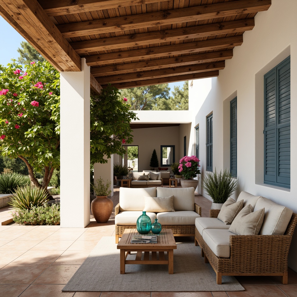 Prompt: Warm Mediterranean villa, creamy white stucco walls, rustic wooden beams, terracotta floor tiles, soft blue shutters, lush greenery, vibrant bougainvillea flowers, natural stone accents, woven wicker furniture, plush velvet cushions, turquoise glass vases, distressed wood decor, earthy terracotta pots, warm beige linen fabrics, soft golden lighting, shallow depth of field, 2/3 composition, realistic textures, ambient occlusion.