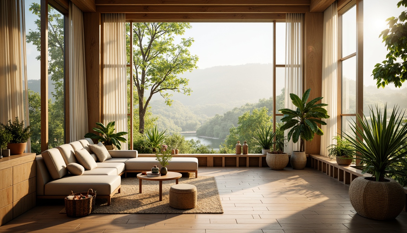 Prompt: Vibrant living room, floor-to-ceiling windows, sheer curtains, natural wood flooring, minimalist decor, soft warm lighting, morning sunlight, airy atmosphere, greenery views, lush plants, botanical patterns, earthy color palette, organic textures, wooden accents, eco-friendly materials, sustainable design, cozy reading nook, comfortable seating area, functional layout, 3/4 composition, shallow depth of field, realistic rendering.