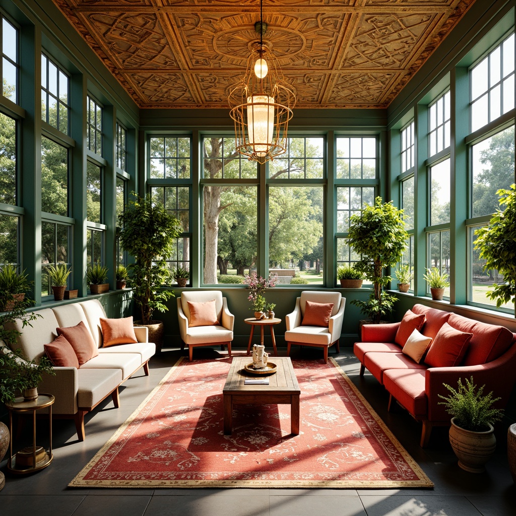 Prompt: Vibrant sunroom, Art Deco styles, ornate metalwork, geometric patterns, luxurious fabrics, bold color palette, warm golden tones, rich turquoise hues, deep crimson accents, creamy whites, metallic silvers, glamorous chandeliers, stylish furniture, elegant curves, opulent textiles, lavish decorations, bright natural light, soft diffused shadows, 1/1 composition, symmetrical framing, realistic reflections, subtle gradient maps.