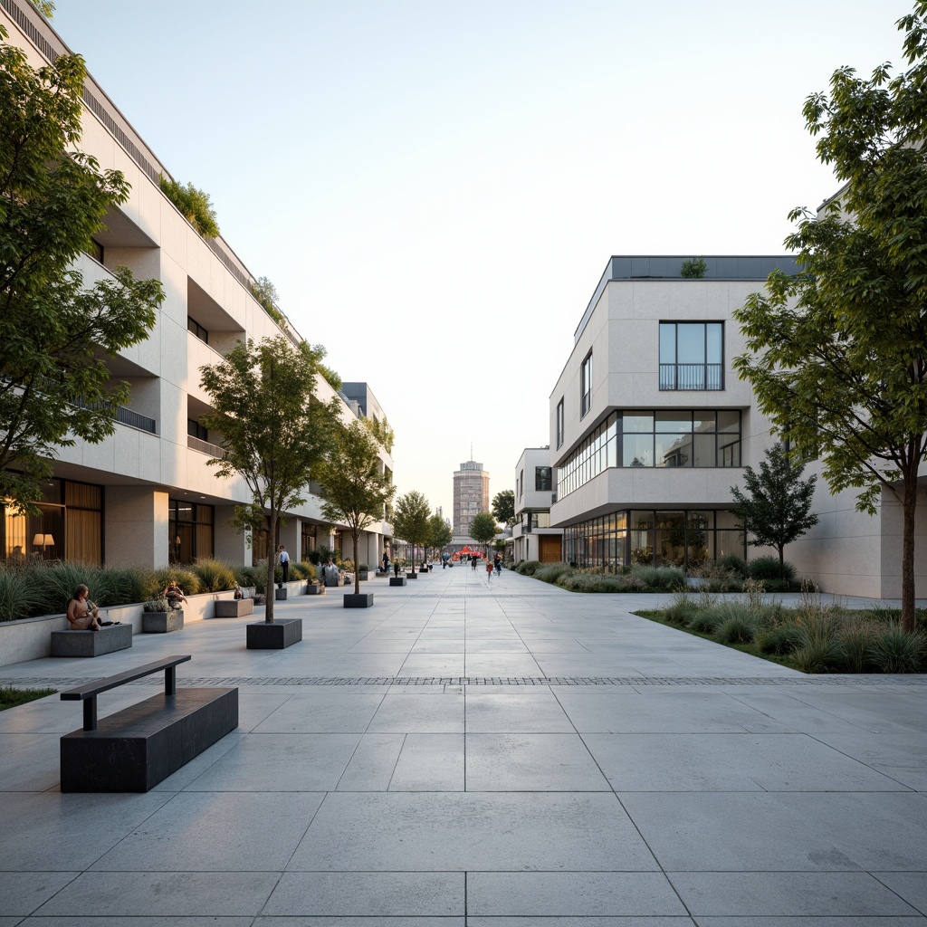 Prompt: Serenely minimalist campus, vast open spaces, simple clean lines, sparse greenery, concrete pathways, steel benches, modern educational facilities, sleek glass buildings, minimal ornamentation, natural stone walls, subtle textures, warm diffused lighting, shallow depth of field, 3/4 composition, panoramic view, realistic ambiance, ambient occlusion.