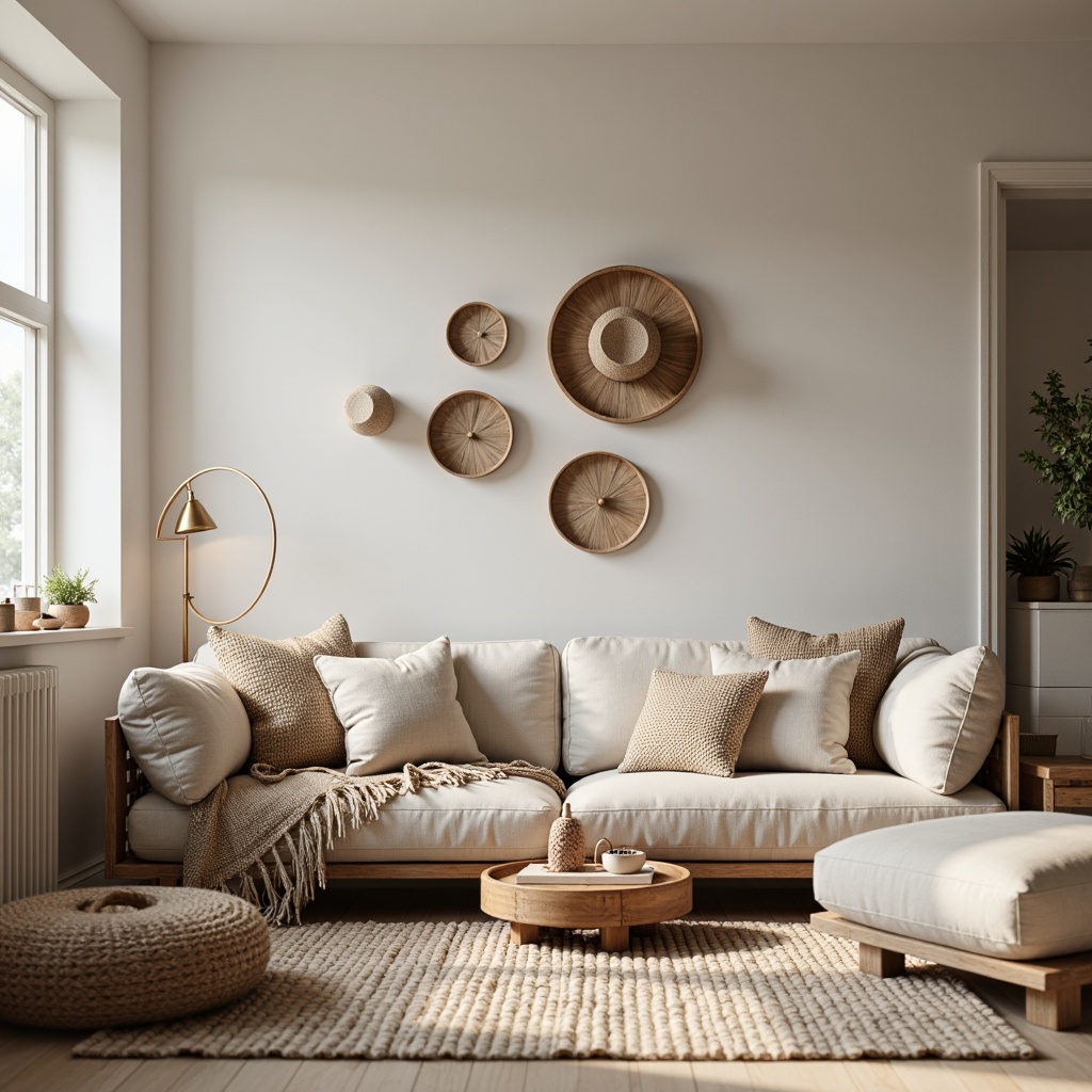 Prompt: Cozy Nordic living room, plush throw blankets, natural fiber upholstery, woven wool rugs, minimalist wooden furniture, soft pastel hues, subtle geometric patterns, ambient warm lighting, 1/1 composition, shallow depth of field, realistic fabric textures, soft focus effect.