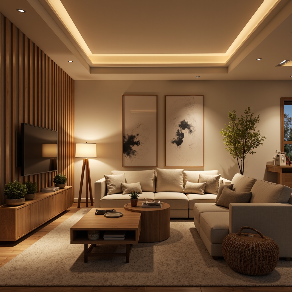 Prompt: Cozy living room, warm beige walls, comfortable sofa, soft cushions, wooden coffee table, modern pendant lights, warm white lighting, floor lamps, table lamps, subtle shadows, relaxing atmosphere, evening ambiance, gentle glow, LED strips, recessed lighting, cove ceiling, elegant chandelier, metallic finishes, crystal drops, soft pastel colors, calming textures, natural fabrics, intimate seating areas, warm color palette, inviting space.