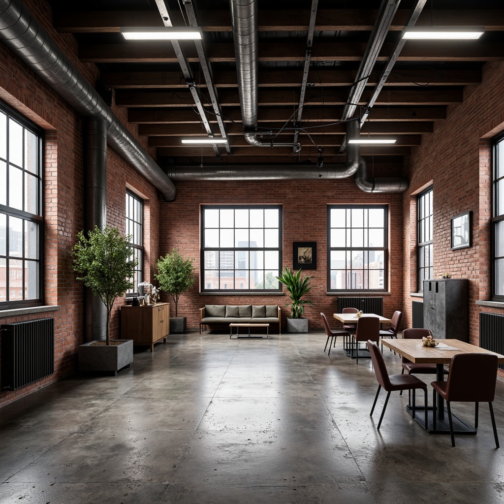 Prompt: Exposed brick walls, industrial-style lighting fixtures, metal beams, reclaimed wood accents, urban loft atmosphere, distressed concrete floors, metallic color scheme, functional decorative elements, mechanical equipment visible, modern minimalist decor, functional simplicity, utilitarian chic aesthetic, neutral color palette, overhead crane tracks, factory-inspired windows, industrial-grade materials, architectural salvage pieces, eclectic mix of textures, moody atmospheric lighting, cinematic composition, high contrast ratio, gritty realistic rendering.