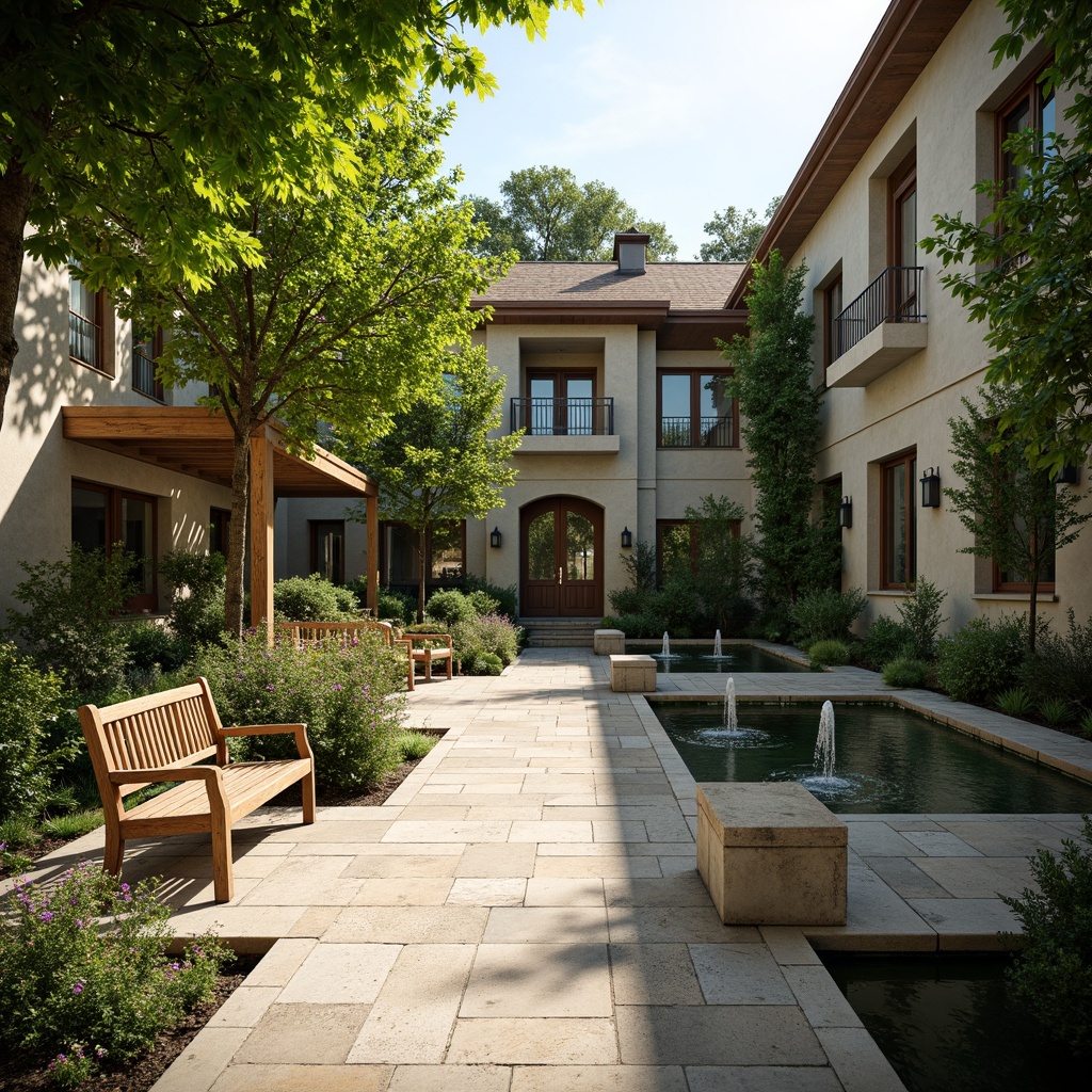 Prompt: Serene courtyards, lush greenery, natural stone pathways, tranquil water features, ornate fountains, seating areas, wooden benches, rustic lanterns, climbing vines, blooming flowers, warm sunny day, soft diffused lighting, shallow depth of field, 3/4 composition, panoramic view, realistic textures, ambient occlusion.