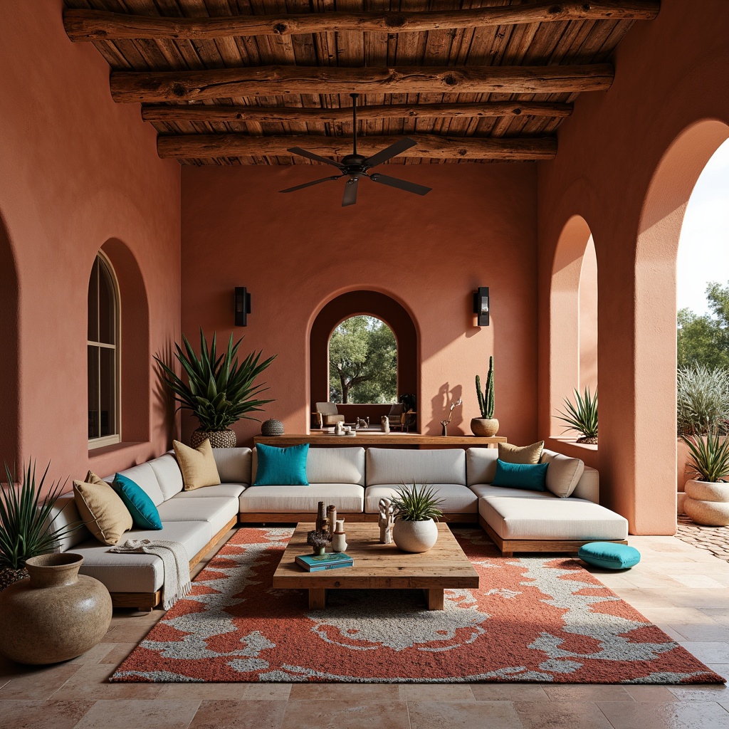 Prompt: Adobe red clay walls, rustic wooden beams, natural stone floors, woven wool rugs, bold geometric patterns, vibrant turquoise accents, plush sectional sofas, reclaimed wood coffee tables, wrought iron lighting fixtures, desert botanicals, cacti arrangements, earthy tone color palette, warm ambient lighting, shallow depth of field, 3/4 composition, panoramic view, realistic textures, ambient occlusion.