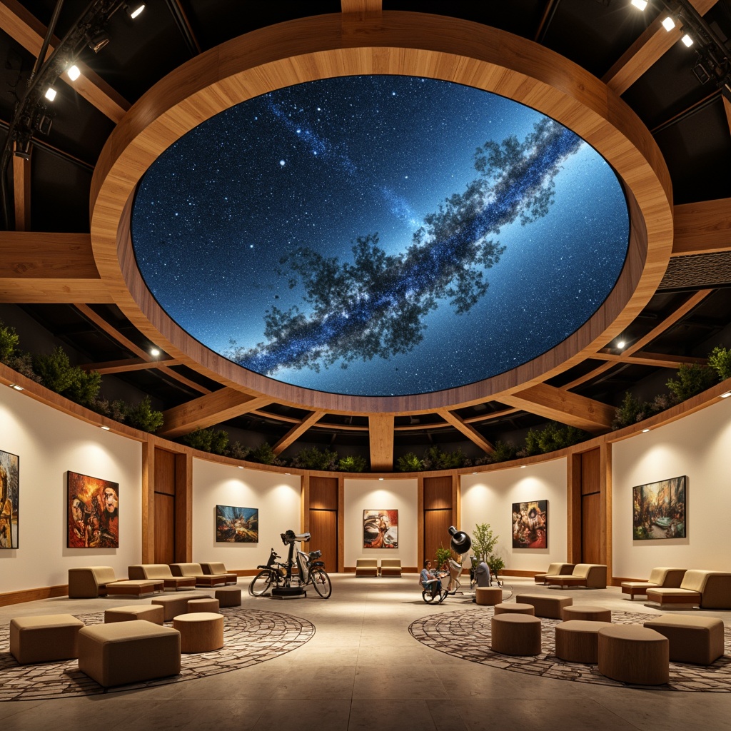 Prompt: Celestial planetarium dome, mid-century modern architecture, starry night sky projections, circular seating areas, minimalist decor, sleek wooden accents, geometric patterned rugs, abstract artwork, ambient soft lighting, warm beige walls, textured concrete floors, industrial metal beams, exposed ductwork, futuristic astronomical equipment, telescopes, space-inspired sculptures, retro-futuristic furniture, bold color blocking, 2/3 composition, shallow depth of field, realistic textures, subtle atmospheric effects.