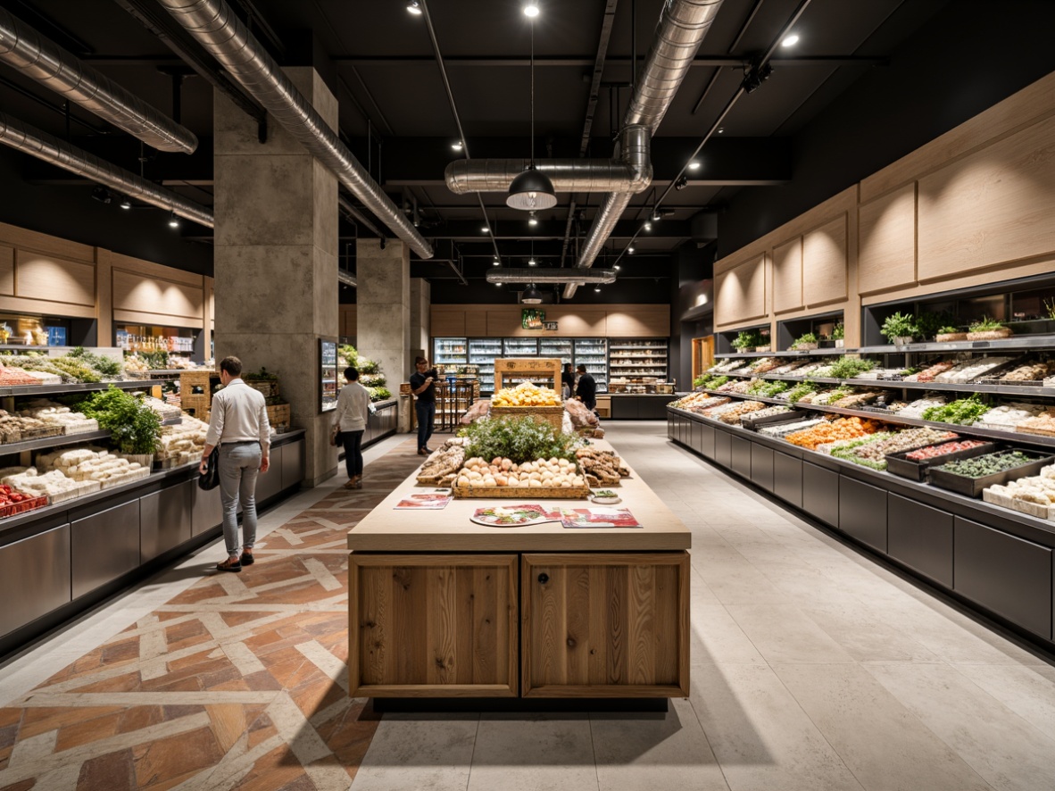 Prompt: Streamlined modern grocery store interior, minimalist shelving units, polished metal accents, sleek glass shelves, industrial-style lighting fixtures, exposed ductwork, neutral color palette, matte finishes, subtle texture contrasts, organic produce displays, artisanal food kiosks, reclaimed wood flooring, concrete columns, geometric patterned tiles, atmospheric misting systems, soft warm lighting, shallow depth of field, 1/1 composition, realistic reflections, ambient occlusion.