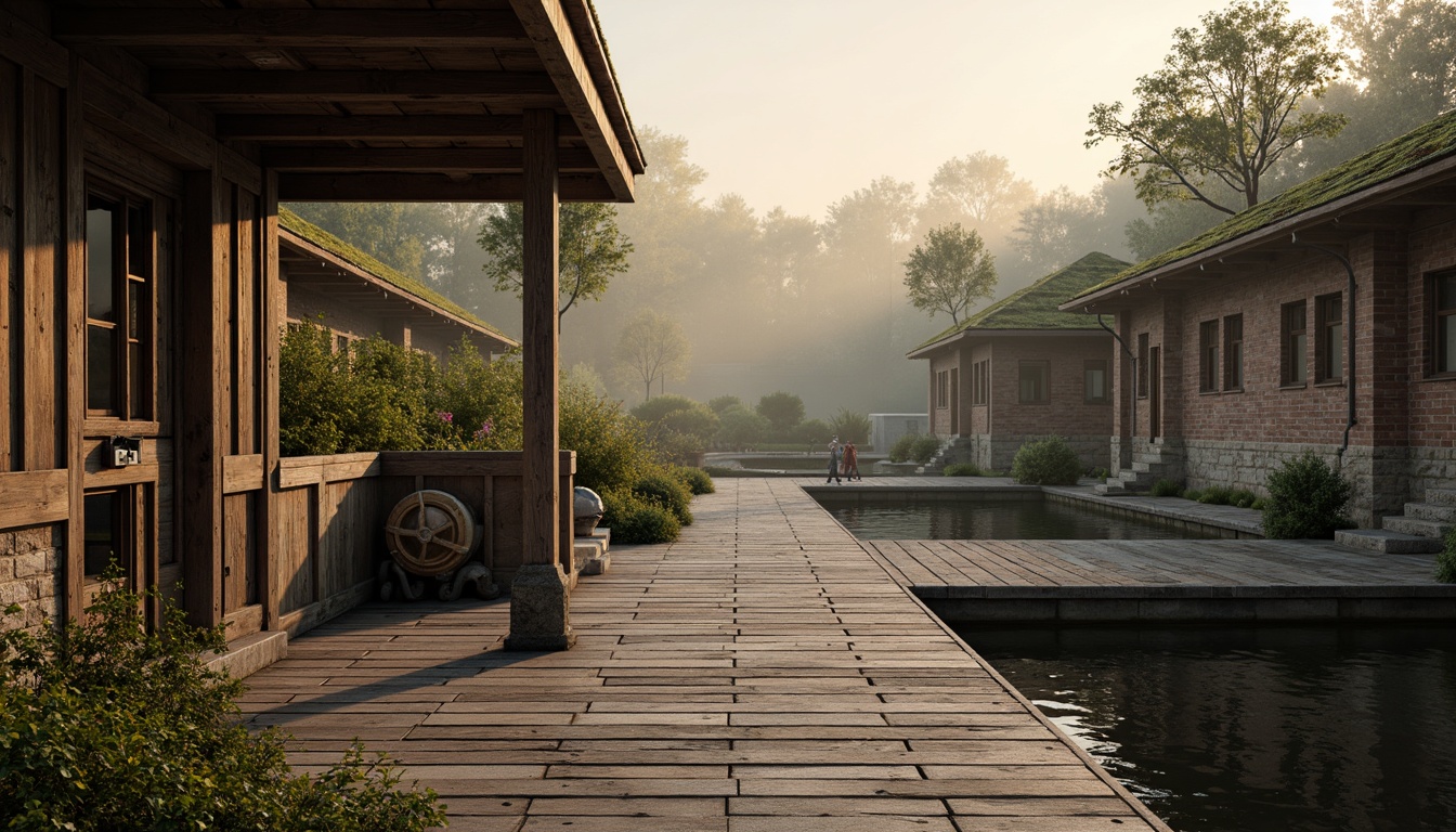 Prompt: Weathered wooden planks, rustic metal accents, nautical ropes, vintage anchors, distressed brick walls, earthy stone foundations, moss-covered roofs, overgrown vegetation, misty lake surroundings, serene water reflections, warm golden lighting, soft focus, shallow depth of field, 2/3 composition, realistic textures, ambient occlusion.