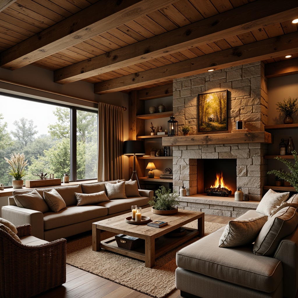 Prompt: Cozy family room, rustic wooden beams, earthy color palette, natural stone fireplace, plush sectional sofa, vintage decorative accents, distressed wood coffee table, woven wicker baskets, soft candlelight, warm textiles, faux fur throws, nature-inspired artwork, wooden wall shelves, antique metal lanterns, rugged stone walls, comfortable reading nook, warm golden lighting, 1/1 composition, intimate atmosphere, realistic wood textures, subtle ambient occlusion.