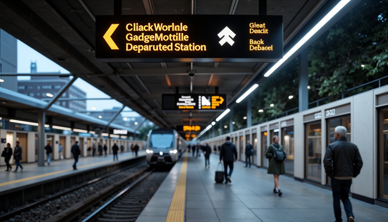 Prompt: Modern train station, sleek signage, bold typography, bright LED lights, wayfinding arrows, informative displays, passenger information systems, electronic departure boards, minimalist design, stainless steel frames, glass surfaces, urban landscape, busy commuters, rush hour atmosphere, overhead lighting, shallow depth of field, 1/2 composition, realistic textures, ambient occlusion.