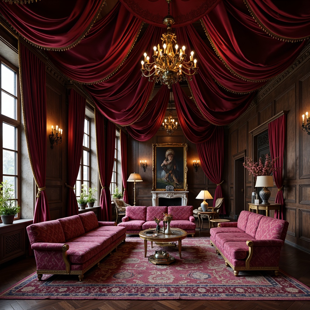 Prompt: Luxurious velvet fabrics, rich gold embroidery, ornate patterns, heavy drapery, regal red and purple hues, intricate brocade designs, lavish silk materials, dramatic tassel trims, opulent crystal accents, grandiose architectural elements, majestic stone walls, imposing wooden furnishings, soft warm candlelight, shallow depth of field, 1/1 composition, realistic textures, ambient occlusion.