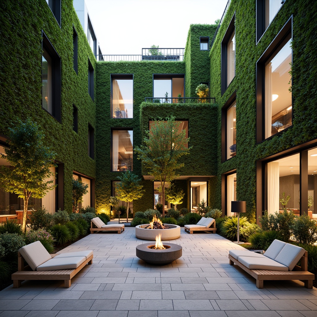 Prompt: Harmonious courtyard, lush green walls, natural stone paving, wooden benches, minimalist sculptures, floor-to-ceiling windows, sliding glass doors, organic shapes, curved lines, seamless transitions, exterior lighting, warm ambiance, shallow depth of field, 3/4 composition, panoramic view, realistic textures, ambient occlusion, modern furniture, comfortable seating areas, outdoor fireplaces, water features, serene atmosphere.