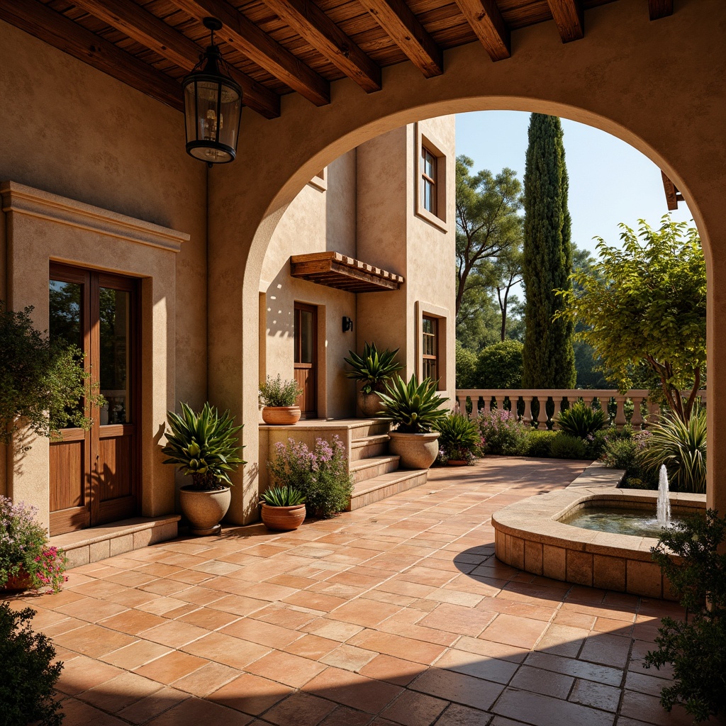 Prompt: Warm terracotta tiles, rustic texture, earthy tones, sun-kissed Mediterranean villa, curved archways, ornate fountains, lush greenery, vibrant bougainvillea, weathered stone walls, aged wooden doors, wrought iron accents, warm golden lighting, soft focus, 1/2 composition, intimate atmosphere, cozy outdoor spaces.