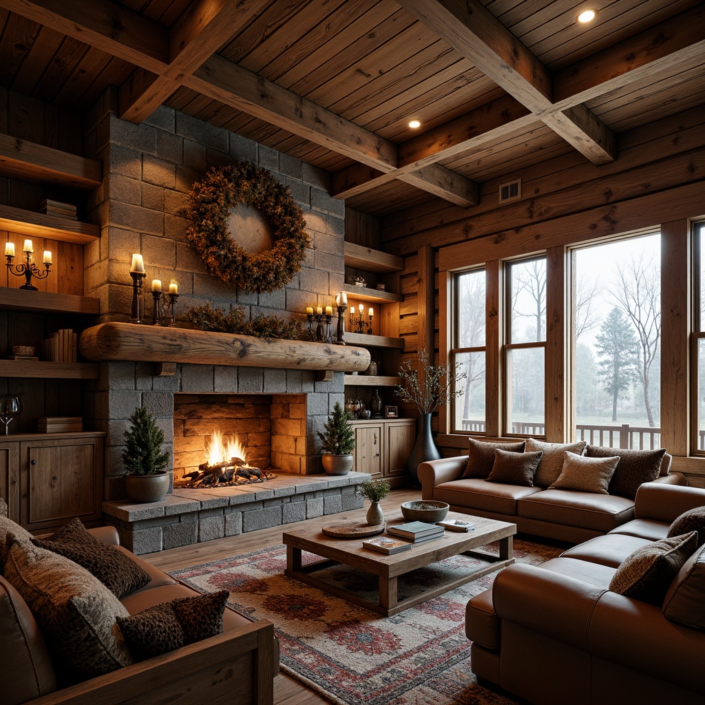 Prompt: Rustic cabin, wooden accents, distressed finishes, earthy tones, natural stone fireplace, plush furnishings, velvet fabrics, luxurious throw blankets, vintage decorative items, antique furniture pieces, warm candle lighting, dimmable chandeliers, wooden beams, exposed brick walls, cozy reading nooks, floor-to-ceiling windows, soft warm color palette, 1/2 composition, shallow depth of field, atmospheric misty lighting.