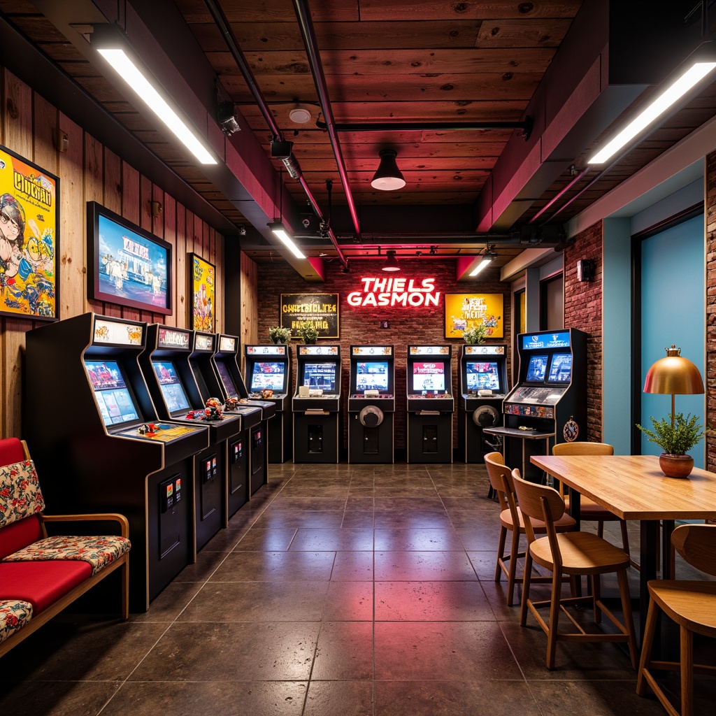 Prompt: Retro arcade game room, mid-century modern decor, bold color scheme, geometric patterns, funky lighting fixtures, reclaimed wood accents, vintage gaming posters, neon signs, industrial metal shelving, minimalist furniture, cozy throw blankets, statement wall art, 3D graphic designs, pixel-inspired motifs, warm ambient glow, shallow depth of field, 2/3 composition, cinematic camera angle.