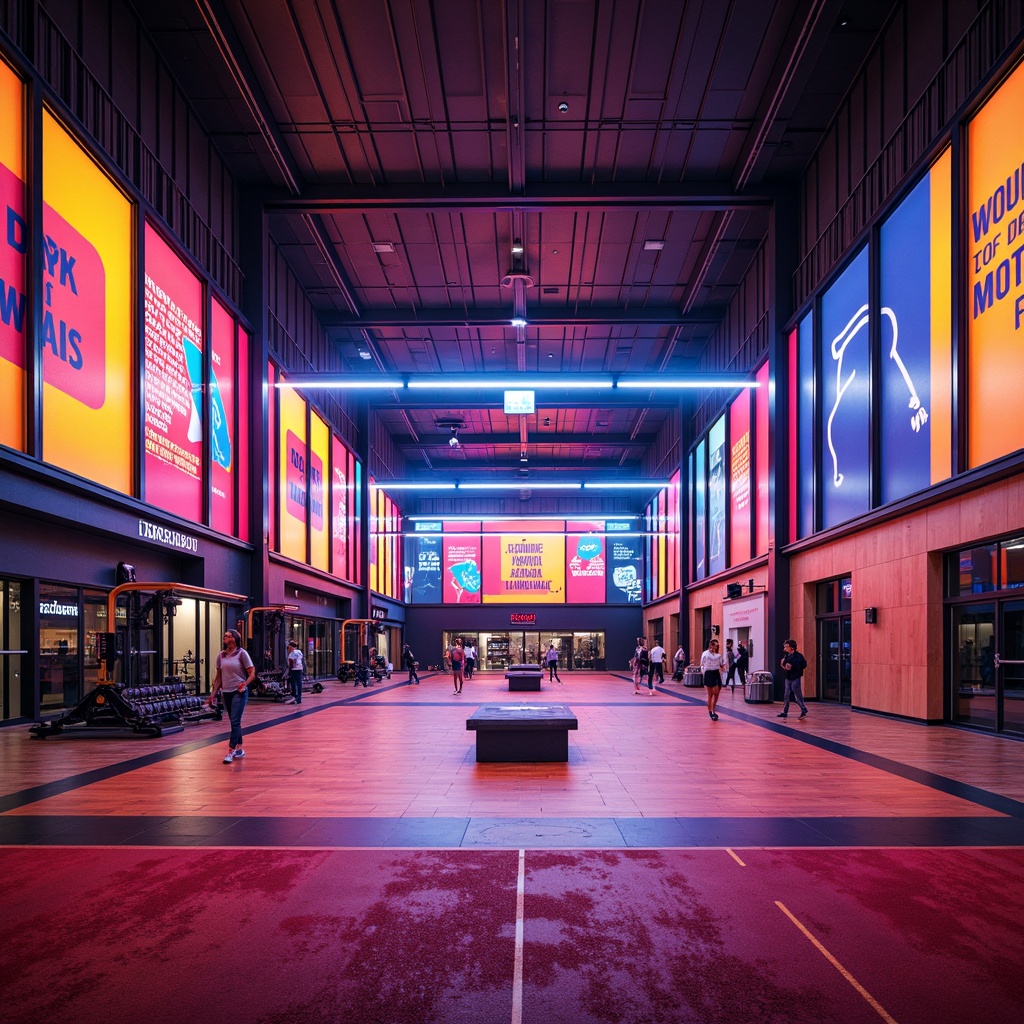 Prompt: Vibrant gymnasium interior, bold color scheme, energetic atmosphere, dynamic lighting effects, metallic equipment, rubber flooring, motivational quotes, athletic tracks, modern architecture, large windows, natural light, bright accents, contrasting shades, high-contrast colors, bold typography, abstract patterns, futuristic design elements, neon signs, LED lights, warm ambiance, 3/4 composition, shallow depth of field.