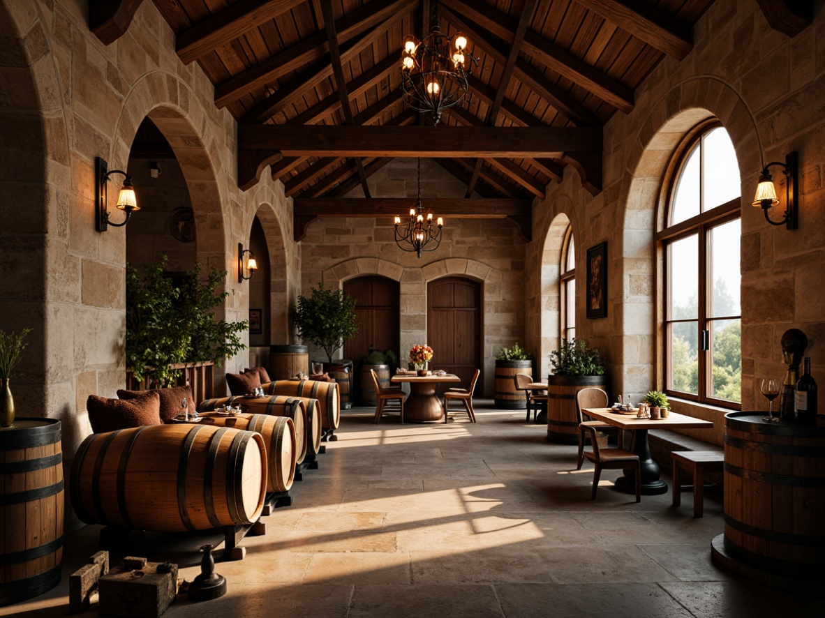 Prompt: Rustic winery interior, wooden barrels, vintage wine-making equipment, dim warm lighting, pendant lamps, metal chandeliers, candlelit tables, cozy nooks, stone walls, earthy tones, natural textures, rich wood accents, large windows, soft diffused light, golden hour ambiance, shallow depth of field, 1/1 composition, realistic reflections, ambient occlusion.