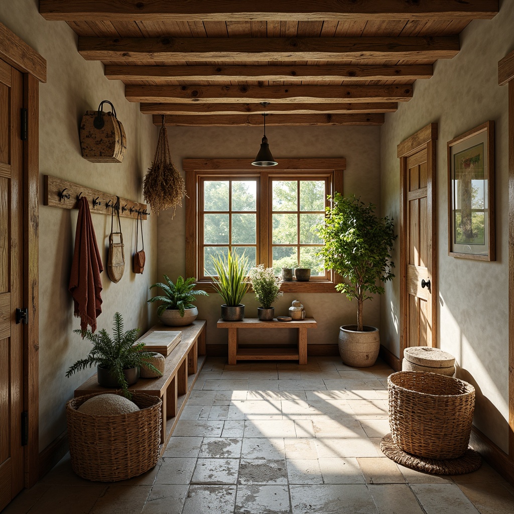 Prompt: Earthy mudroom, rustic wooden accents, weathered stone flooring, natural fiber textiles, earthy tone walls, moss greenery, reclaimed wood benches, galvanized metal hooks, woven wicker baskets, vintage outdoor gear, distressed leather accessories, warm beige lighting, soft shadows, 1/1 composition, intimate close-up shots, realistic textures, ambient occlusion.