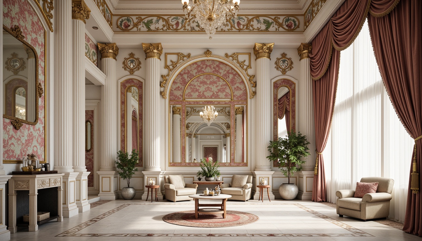 Prompt: Intricate tile designs, ornate floral patterns, soft pastel colors, luxurious Rococo style, delicate curved lines, ornamental borders, gilded accents, marble-like textures, high-contrast lighting, shallow depth of field, 1/2 composition, dramatic shadows, realistic reflections, ambient occlusion, opulent furnishings, velvet drapes, crystal chandeliers, Baroque-inspired architecture, grandiose interior spaces.