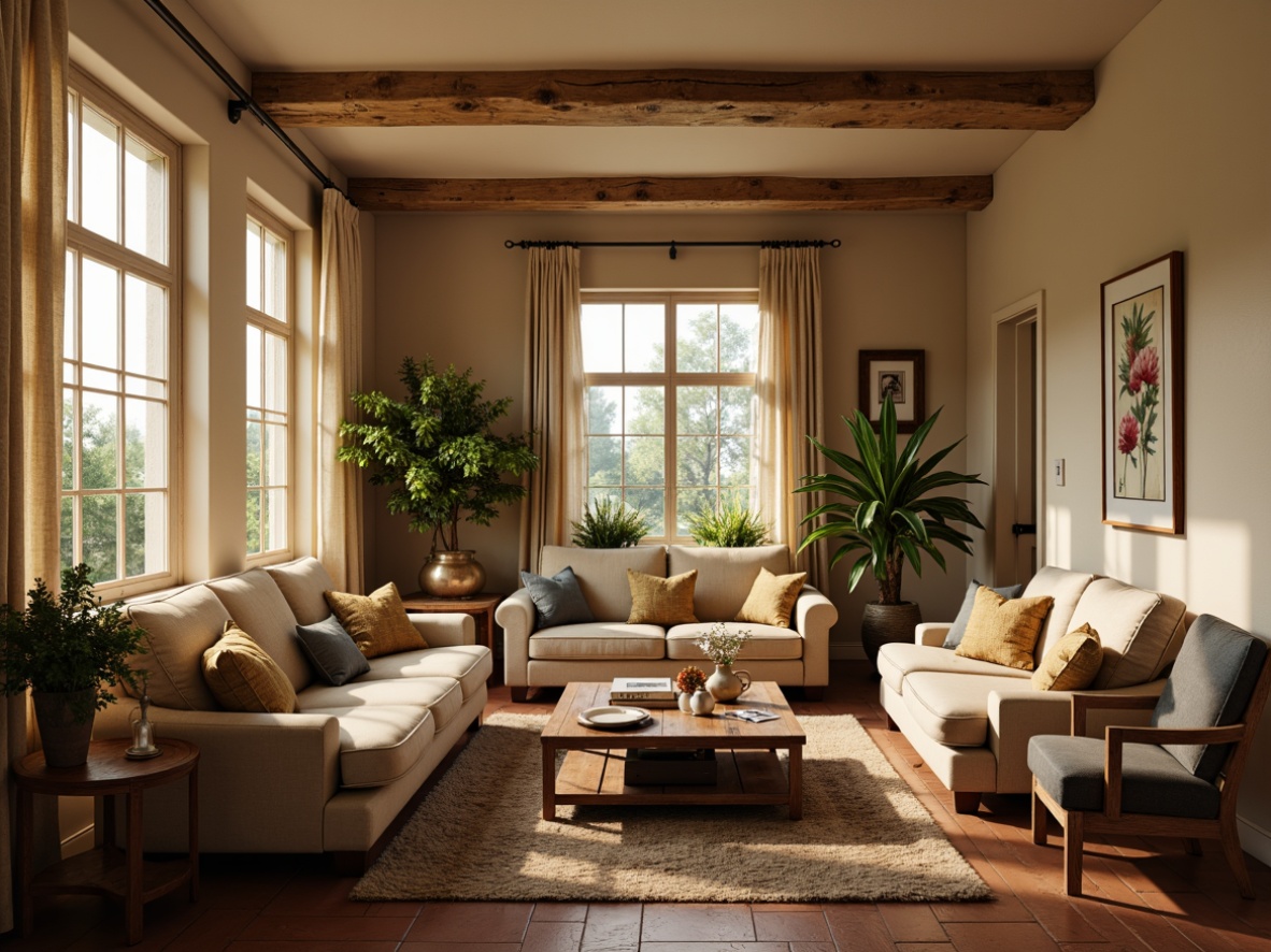 Prompt: Cozy family room, French country style, warm beige walls, distressed wood furniture, soft velvet upholstery, rustic bronze accents, natural linen drapes, vintage flower patterns, creamy white trim, earthy terracotta floors, comfortable sectional sofa, plush area rug, candlelit ambiance, warm golden lighting, shallow depth of field, 1/1 composition, realistic textures, ambient occlusion.