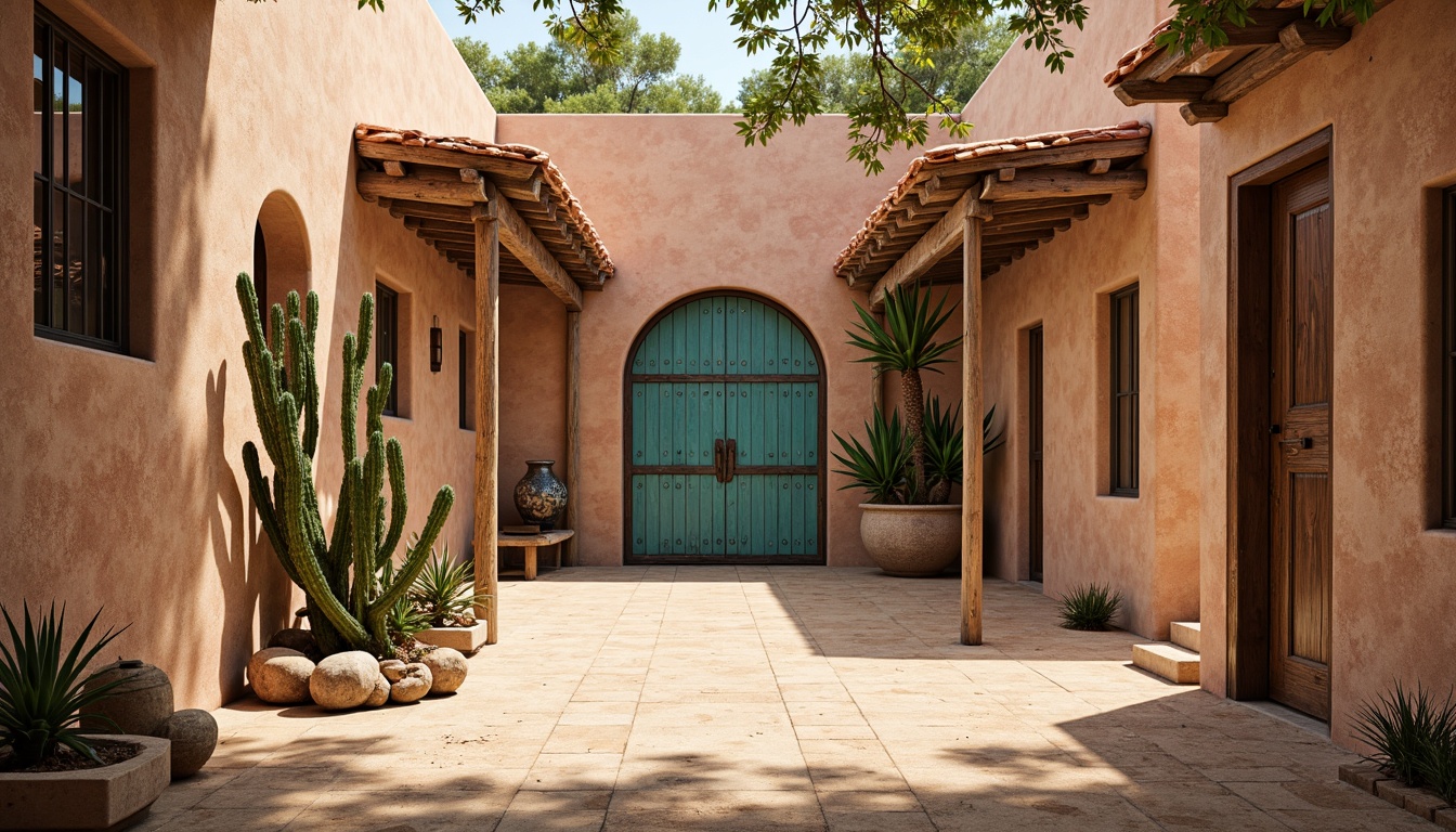 Prompt: Adobe earth tones, stucco walls, rustic wooden doors, ornate metalwork, vibrant turquoise accents, geometric tile patterns, curved archways, clay roof tiles, sandy courtyard, cacti plants, warm desert light, shallow depth of field, 1/1 composition, realistic textures, ambient occlusion, Southwestern-inspired architectural details, Pueblo Revival style, earthy color palette, natural stone columns, carved wooden beams, wrought iron railings, ornate ceramic vases, colorful woven textiles.