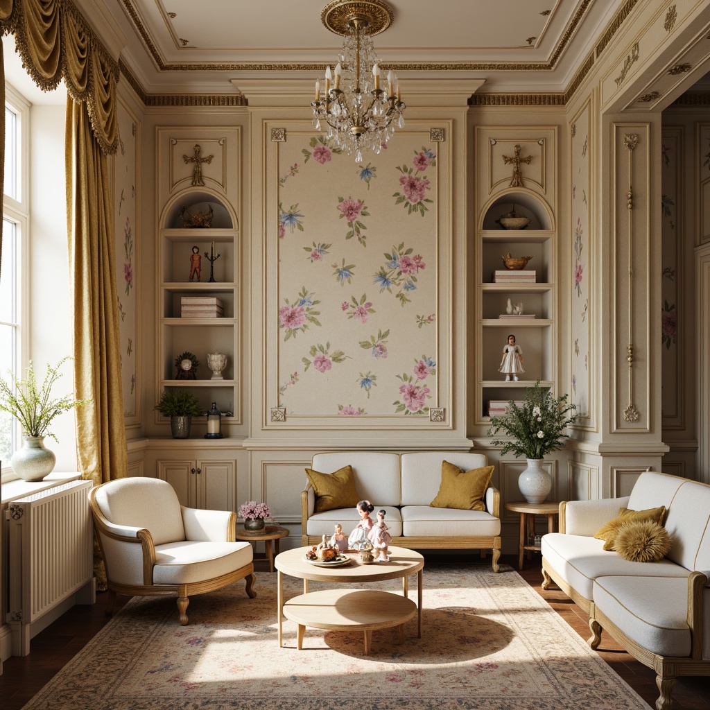 Prompt: Richly patterned wallpaper, soft pastel colors, warm beige tones, creamy whites, gentle pinks, baby blues, subtle yellows, ornate furniture, carved wooden details, plush velvet fabrics, intricate lace trimmings, antique toys, vintage-inspired accessories, floral motifs, delicate porcelain dolls, sparkling crystal chandeliers, layered curtains, cozy reading nooks, whimsical wall art, 1/1 composition, softbox lighting, warm golden hour, inviting atmosphere.