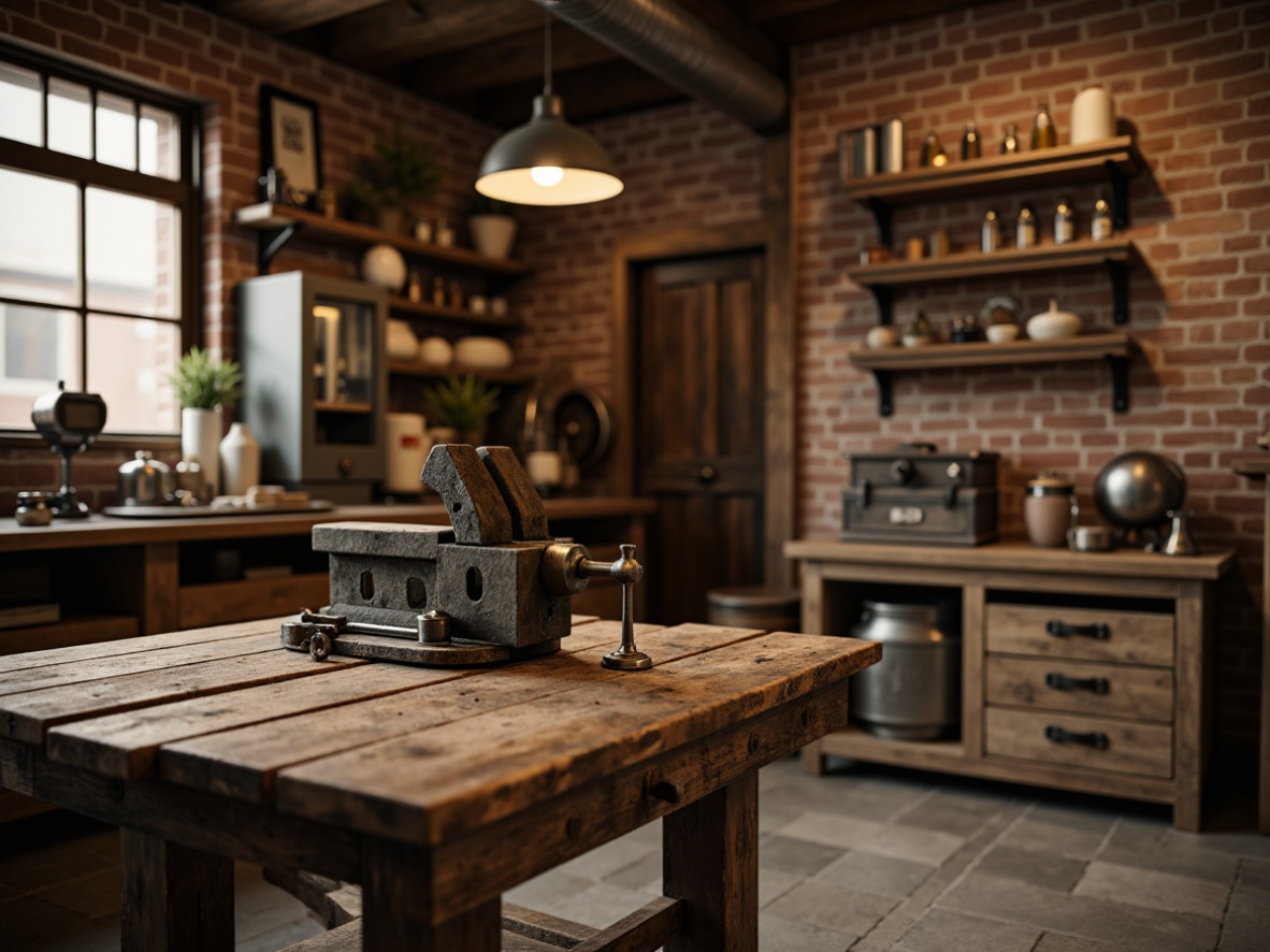 Prompt: Rustic wooden workbench, vintage metal vise, traditional craftsmanship, distressed wood finishes, earthy color palette, industrial-style lighting fixtures, exposed brick walls, classic garage setting, worn stone floors, wooden tool chests, antique machinery, nostalgic ambiance, warm soft lighting, shallow depth of field, 1/1 composition, realistic textures, ambient occlusion.