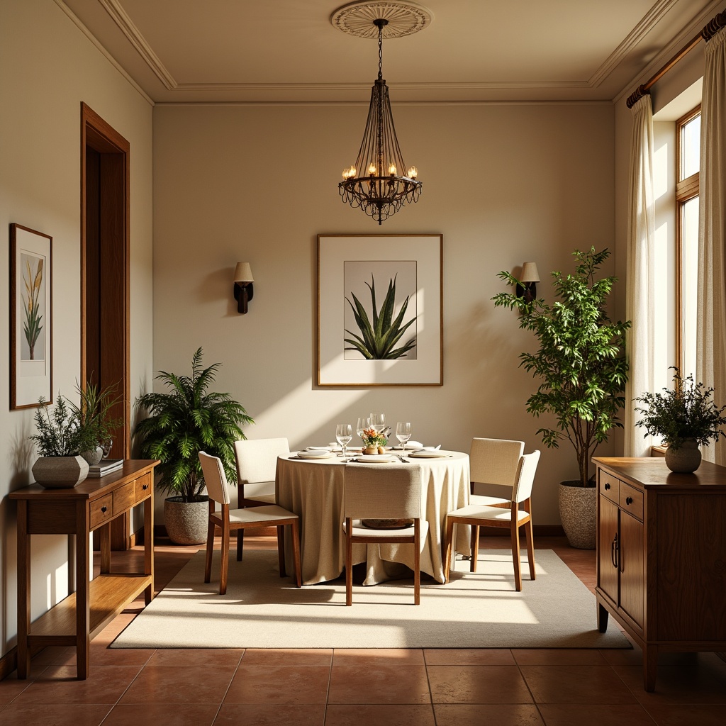 Prompt: Cozy dining room, warm beige walls, rich wood furniture, soft cream accents, earthy terracotta flooring, elegant chandelier lighting, intimate seating arrangement, lush green plants, natural linen textiles, subtle golden frames, calm atmosphere, morning sunlight, shallow depth of field, 1/1 composition, realistic rendering.