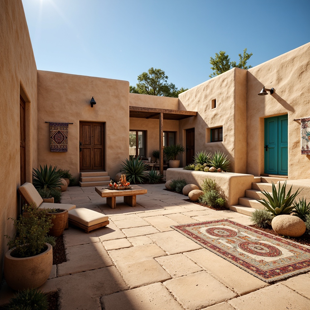 Prompt: Earthy Southwestern style adobe architecture, textured stucco walls, warm beige tones, natural stone accents, rustic wooden doors, vibrant turquoise decorations, colorful ceramic tiles, woven tapestries, patterned rugs, cactus plants, sunny desert landscape, clear blue sky, soft warm lighting, shallow depth of field, 3/4 composition, realistic textures, ambient occlusion.