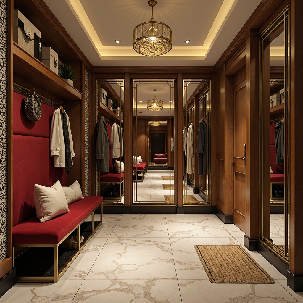 Prompt: Glamorous mudroom, luxurious velvet benches, polished chrome hooks, marble floors, ornate metal frames, sophisticated Art Deco patterns, geometric shapes, metallic accents, rich wood tones, elegant storage cabinets, stylish shoe racks, plush area rugs, soft golden lighting, shallow depth of field, 1/1 composition, symmetrical view, realistic textures, ambient occlusion.