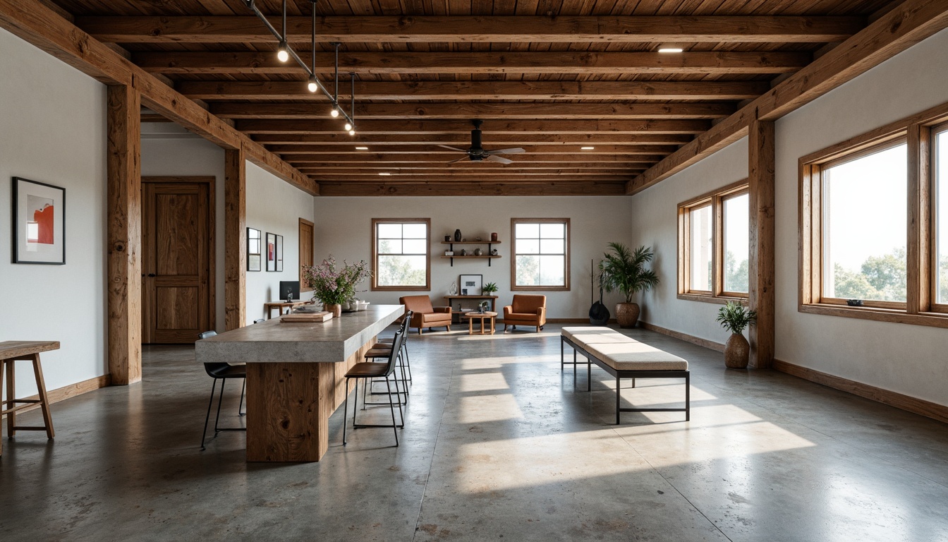 Prompt: Rustic wooden beams, industrial chic, open-plan living space, modern loft-style architecture, urban dwelling, concrete floors, metal accents, reclaimed wood, natural textures, earthy tones, warm ambient lighting, shallow depth of field, 3/4 composition, minimalist decor, functional simplicity.