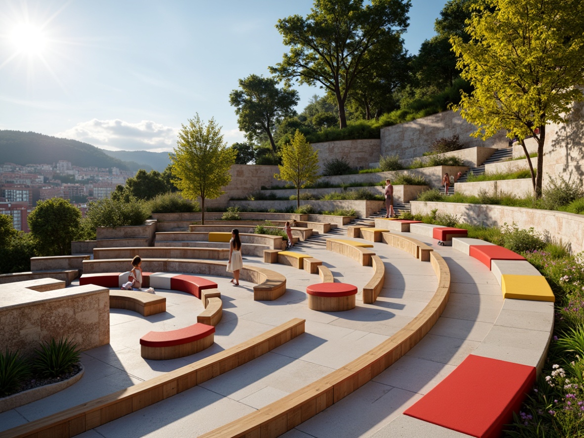 Prompt: Tiered seating arrangement, amphitheater-inspired design, transitional style blend, modern curves, sleek wooden benches, plush cushions, vibrant accent colors, natural stone walls, greenery integration, scenic city views, sunny day, soft warm lighting, shallow depth of field, 3/4 composition, panoramic view, realistic textures, ambient occlusion.